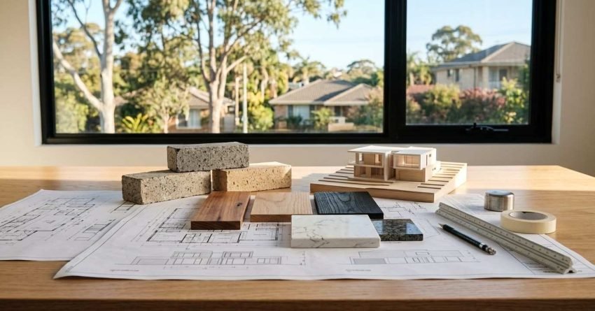 Architectural planning workspace displaying building blueprints, material samples, design model, and construction specifications used for residential project development and renovation planning.