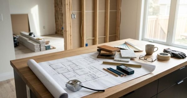 Home renovation plans, material samples, and measuring tools arranged on a kitchen island during an active remodeling project.