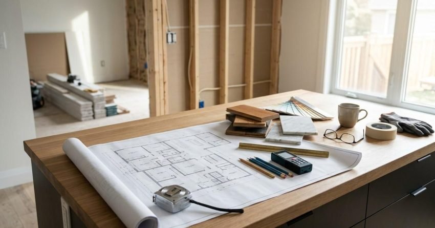 Home renovation plans, material samples, and measuring tools arranged on a kitchen island during an active remodeling project.