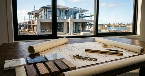 Architectural design and construction planning workspace featuring blueprints, material samples, drafting tools, and a residential building project under construction viewed through the window.