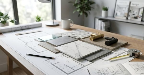 Bathroom design materials and fixture samples arranged on architectural plans during renovation planning.