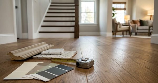 Flooring samples, paint swatches, and measuring tape displayed in a renovated home interior near a staircase.
