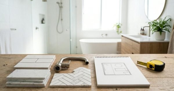 Bathroom renovation planning and design consultation featuring tile samples, fixture selections, layout drawings, and material specifications for a modern bathroom remodel project.
