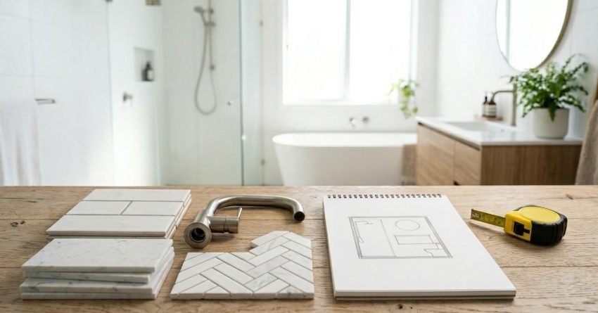 Bathroom renovation planning and design consultation featuring tile samples, fixture selections, layout drawings, and material specifications for a modern bathroom remodel project.