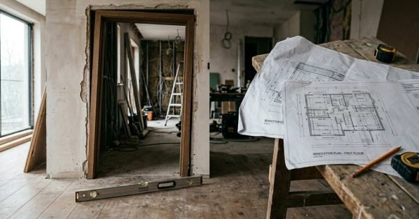Home renovation mistakes highlighted with construction plans, unfinished framing, and renovation work in progress.