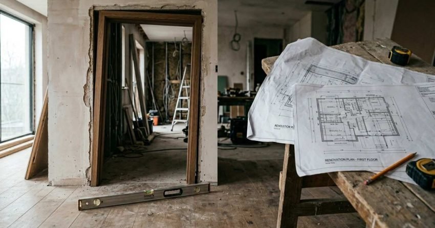 Home renovation mistakes highlighted with construction plans, unfinished framing, and renovation work in progress.