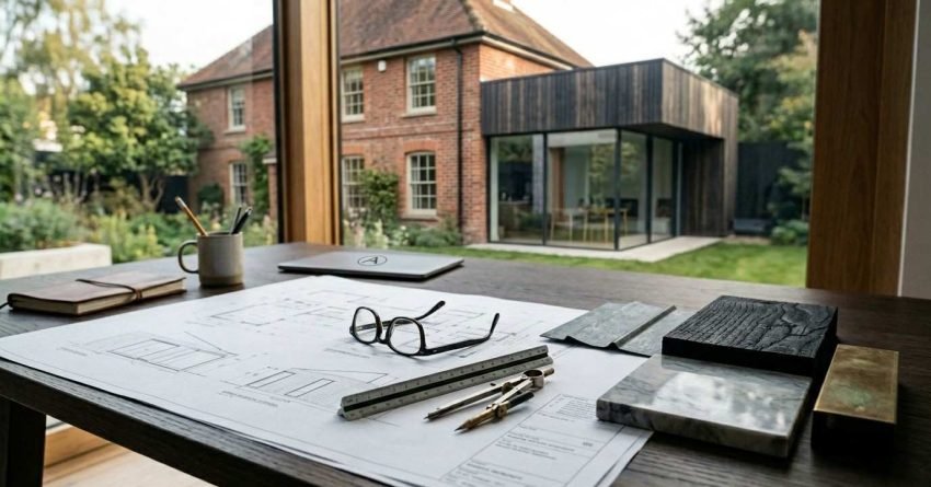 Architectural design consultation workspace featuring renovation blueprints, material samples, drafting tools, and a completed modern home extension viewed from the planning studio.