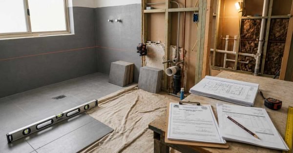 Bathroom renovation in progress with tile installation, exposed plumbing, construction plans, and leveling tools