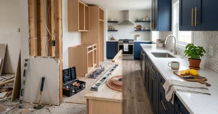 Kitchen renovation in progress showing demolition, cabinet installation, tools, and a partially completed modern kitchen.