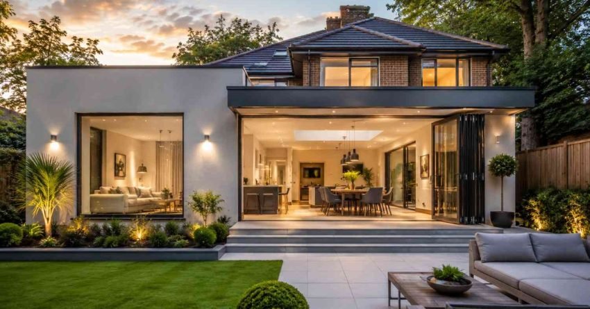 Modern home extension with open-plan living space and patio.