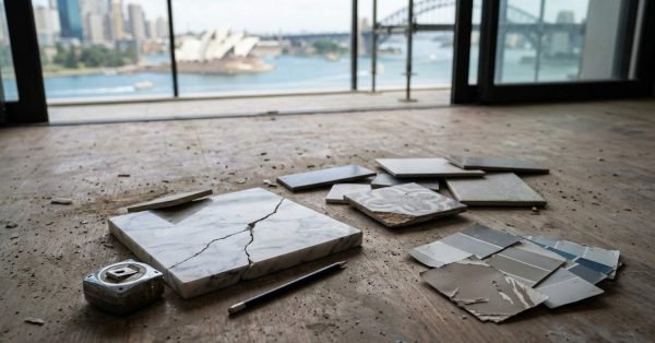 Cracked marble sample, tile pieces, paint swatches, and renovation materials on a construction floor, illustrating common renovation planning and material selection mistakes.
