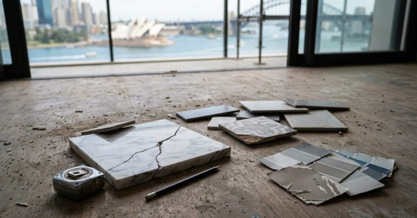 Cracked marble sample, tile pieces, paint swatches, and renovation materials on a construction floor, illustrating common renovation planning and material selection mistakes.