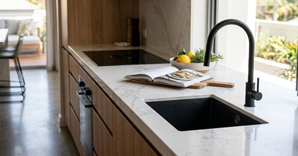 Modern kitchen with white marble countertops, black undermount sink, matte black faucet, wood cabinets, and a bright window overlooking an outdoor living area.