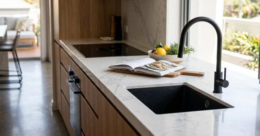 Modern kitchen with white marble countertops, black undermount sink, matte black faucet, wood cabinets, and a bright window overlooking an outdoor living area.