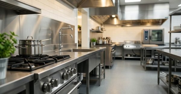 Modern commercial kitchen with stainless steel appliances and professional cooking stations.