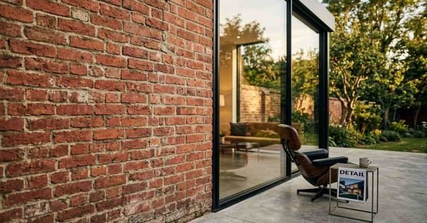 Victorian brick house extension with modern floor-to-ceiling glass doors and garden view.