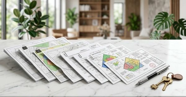 Zoning approval documents, site plans, permit paperwork, keys, and a pen arranged on a marble countertop in a modern office.