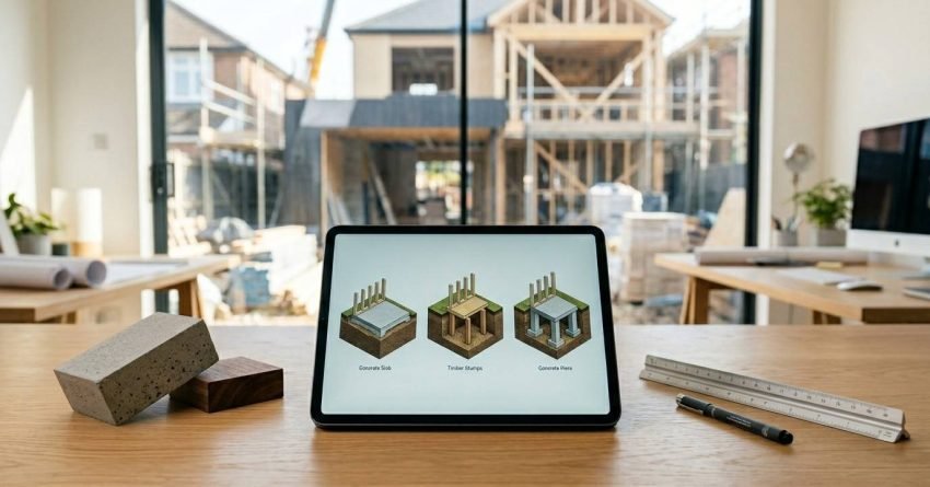Home extension planning checklist with blueprints, material samples, and design notes displayed in a modern open-plan living area.