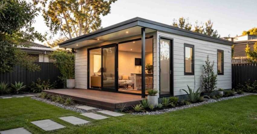 Modern detached granny flat in a landscaped backyard.