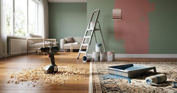 Paint roller, drill, ladder, and paint cans in a room under renovation, illustrating common DIY home renovation mistakes and interior remodeling projects.