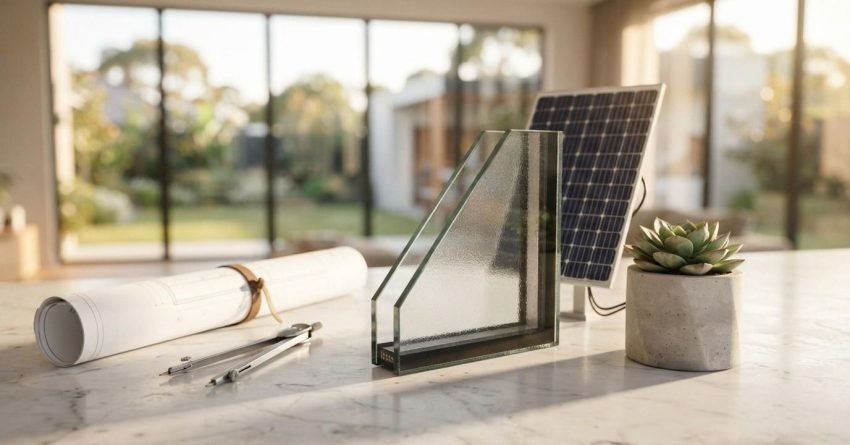 Energy-efficient home building materials including insulated glass, a solar panel, architectural blueprints, and drafting tools on a countertop, representing sustainable home construction, eco-friendly design, and modern residential building planning.