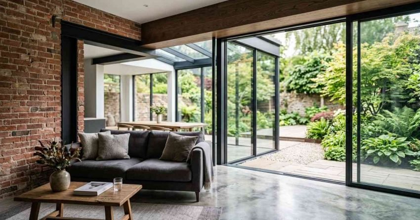 Modern home extension with large sliding glass doors, exposed brick wall, open-plan living area, and landscaped garden, showcasing the benefits of a contemporary house extension.