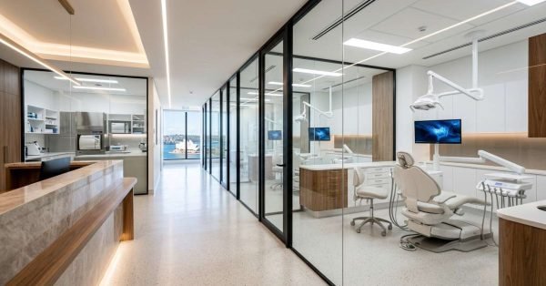 Modern dental clinic interior with reception desk, private treatment rooms, advanced dental equipment, and contemporary healthcare design