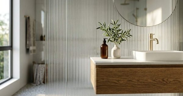 Modern bathroom with floating vanity and fluted glass.