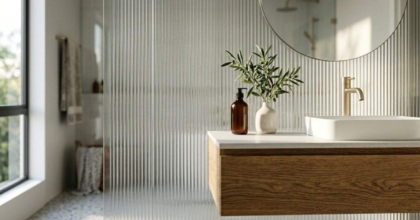 Modern bathroom with floating vanity and fluted glass.