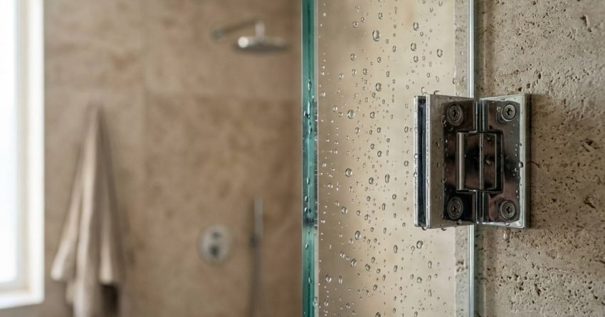 Close-up of a frameless glass shower screen with chrome hinge, water droplets, and a modern stone-tiled bathroom.