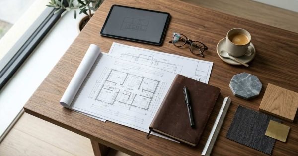 Architectural workspace with blueprints, materials, and design tools.