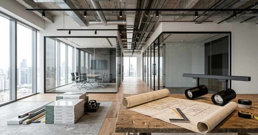 Modern office refurbishment with exposed ceilings, glass meeting rooms, and architectural plans on a worktable.