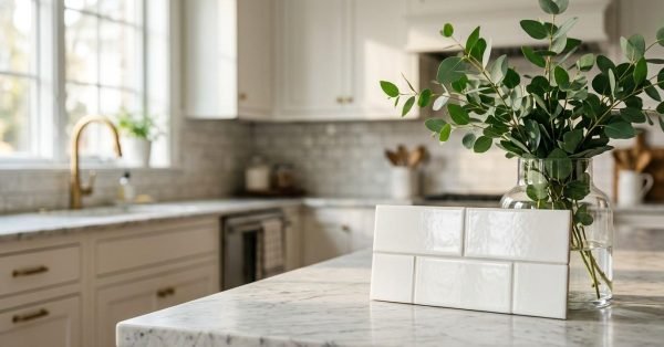 White subway tile samples on a marble kitchen countertop beside a vase of greenery, showcasing kitchen backsplash design inspiration and modern renovation materials.