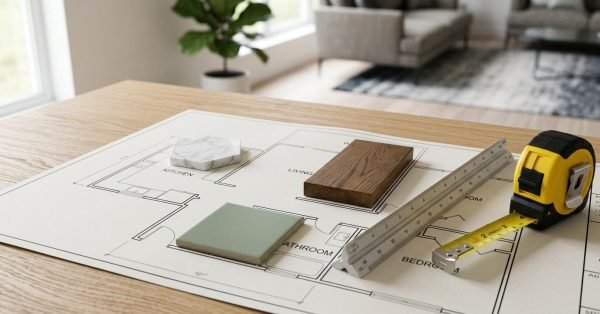 Home renovation room planning layout with material samples, measuring tools, and floor plan on a tabletop.