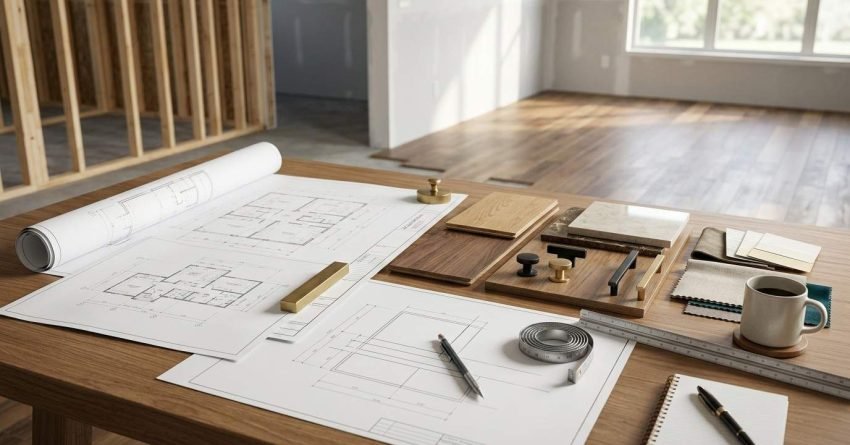 Home renovation design plans, material samples, and hardware selections arranged on a table beside an active remodeling project.