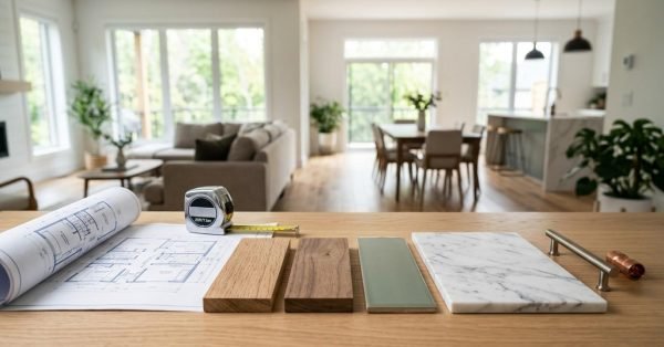 Home renovation material selections, floor plans, and measuring tools displayed on a table in a modern open-plan living space.