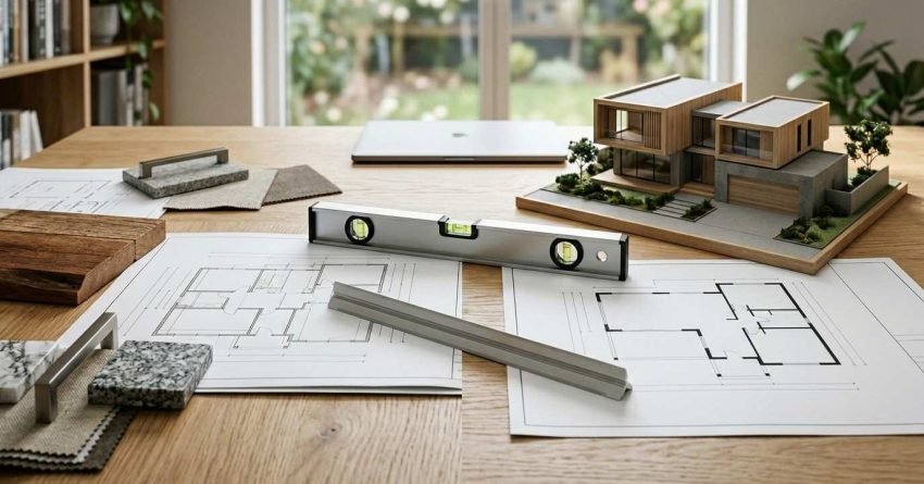 Home renovation and knockdown rebuild planning with floor plans, material samples, measuring tools, and architectural model on a design workspace.