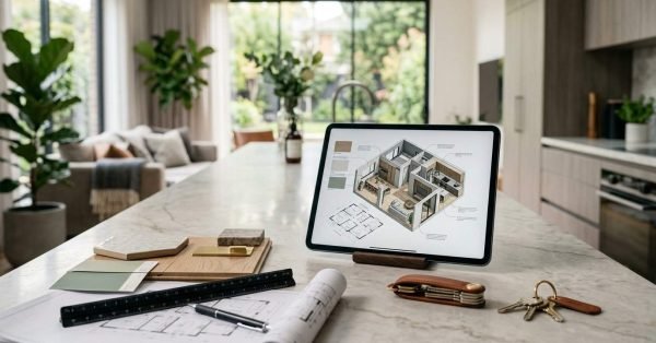 Renovation planning workspace with digital floor plan, material samples, blueprints, and keys in a modern home interior.