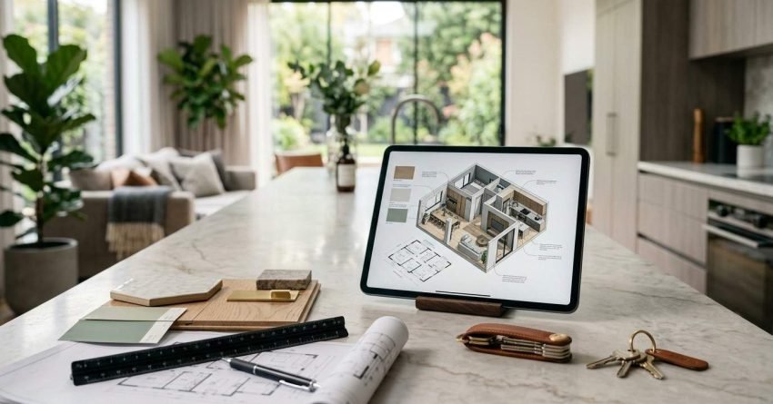 Renovation planning workspace with digital floor plan, material samples, blueprints, and keys in a modern home interior.