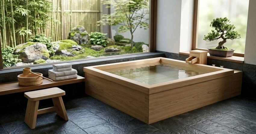 Japanese-style bathroom with a traditional wooden soaking tub, natural stone flooring, bonsai accents, and a tranquil Zen garden view through large windows.