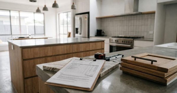 Modern kitchen renovation with custom wood cabinetry, stone countertops, and project planning checklist
