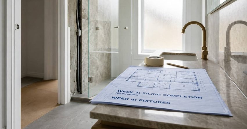 Bathroom renovation project plan displayed on a vanity beside a newly installed shower and brass faucet