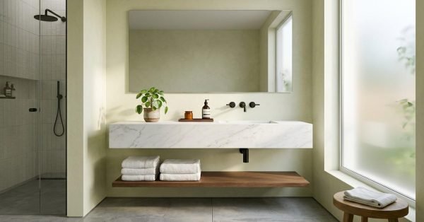 Minimalist bathroom with a floating marble vanity, large mirror, wood shelf, folded towels, and a walk-in shower beside a frosted window.
