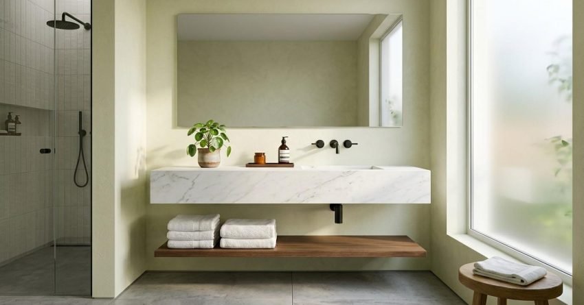 Minimalist bathroom with a floating marble vanity, large mirror, wood shelf, folded towels, and a walk-in shower beside a frosted window.