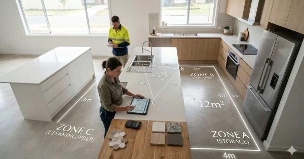 Kitchen layout showing the 3x4 kitchen rule with ideal work triangle between sink, stove, and refrigerator for efficient design