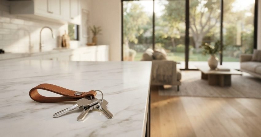 House keys resting on a marble kitchen countertop inside a bright, modern home with an open-plan living area in the background.