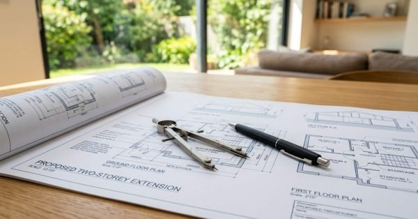 Architectural plans for a two-storey home extension with drafting tools on a table overlooking a garden.
