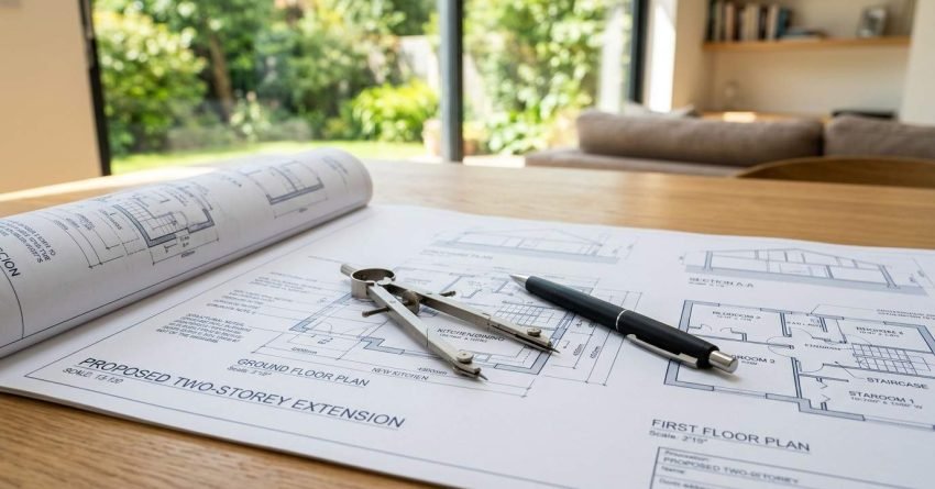 Architectural plans for a two-storey home extension with drafting tools on a table overlooking a garden.
