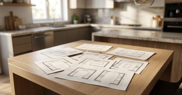 Kitchen design layout plans spread across a wooden island in a modern kitchen, showcasing multiple kitchen floor plan options for renovation planning.