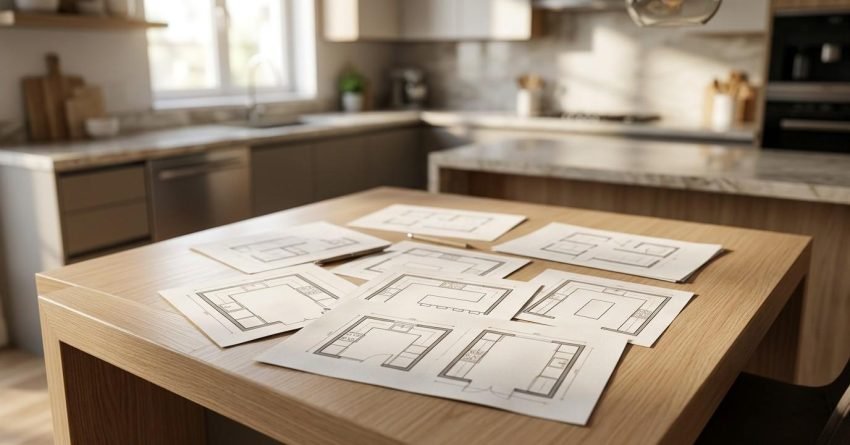 Kitchen design layout plans spread across a wooden island in a modern kitchen, showcasing multiple kitchen floor plan options for renovation planning.